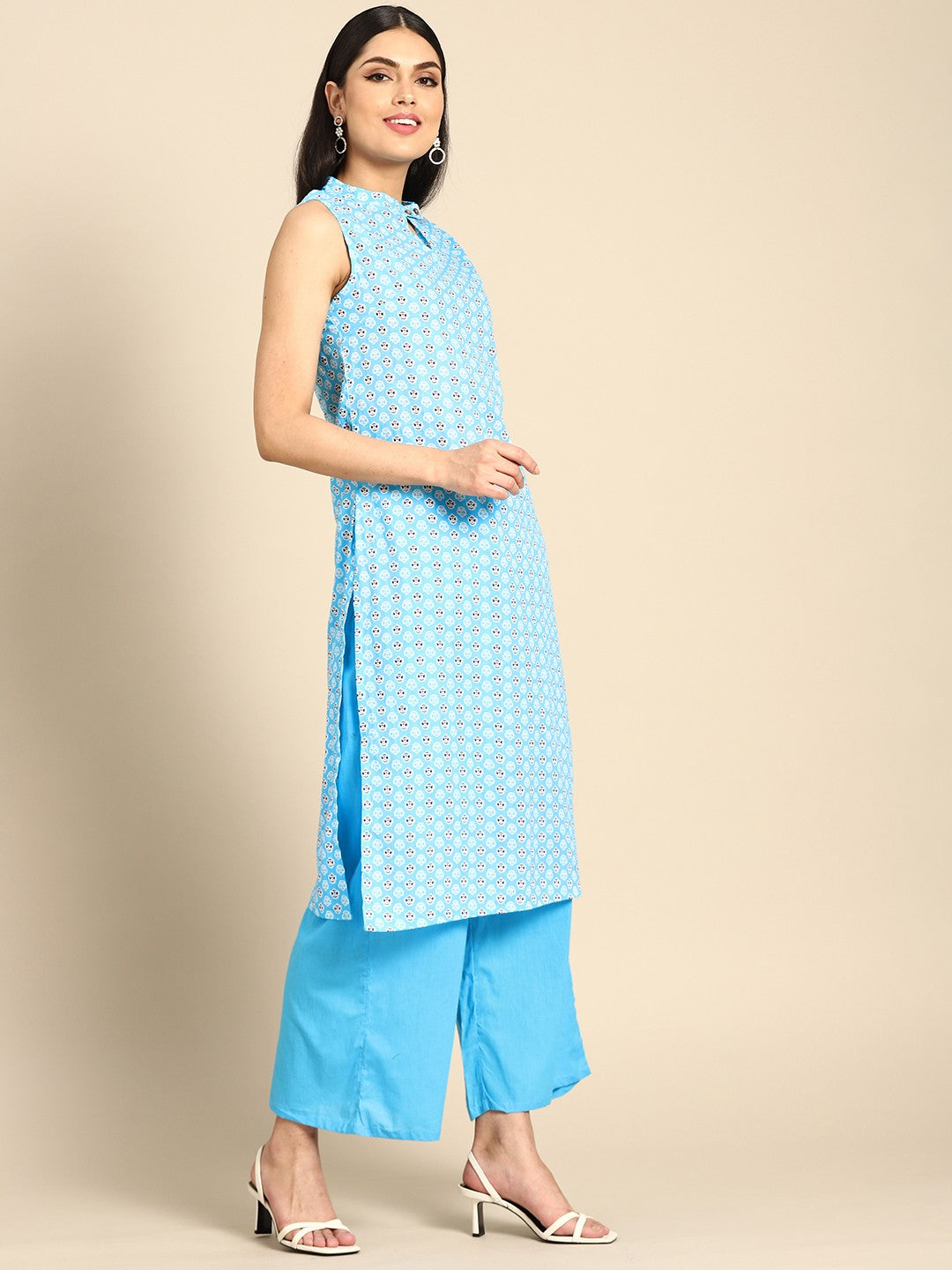 Women Turquoise Blue Pure Cotton Printed Regular Kurta with Trousers