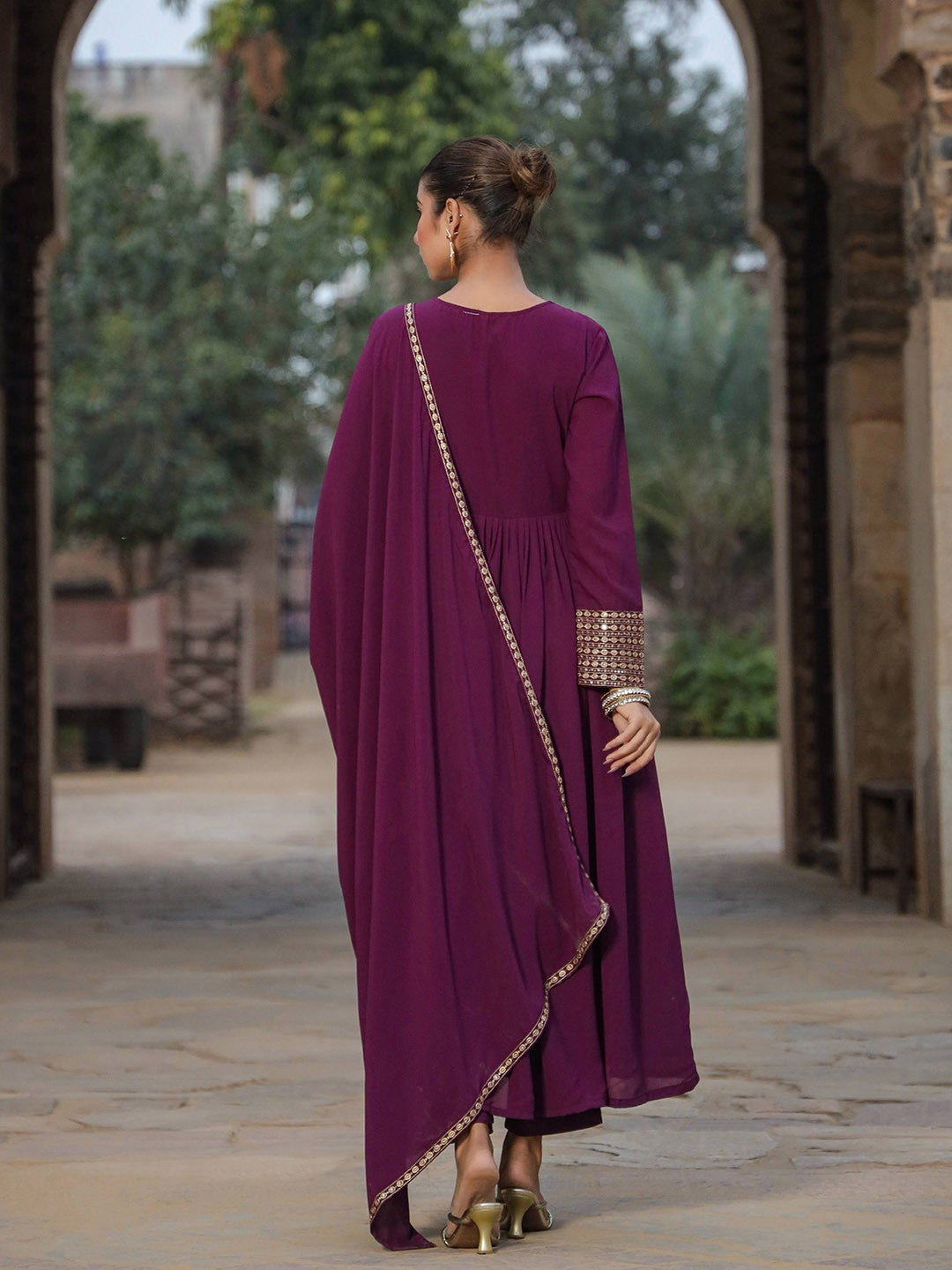 V-Neck Yoke Design Empire Sequinned Empire A-Line Kurta With Trousers & Dupatta