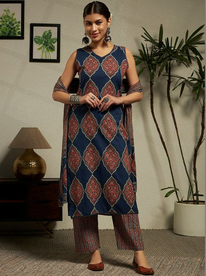 Women Ethnic Motifs Printed Regular Pure Cotton Kurta with Trousers & With Dupatta