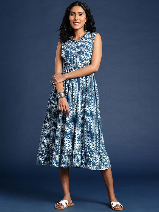 Indigo Hand Block Print Ruffled Midi Sustainable Pure Cotton A-Line Dress