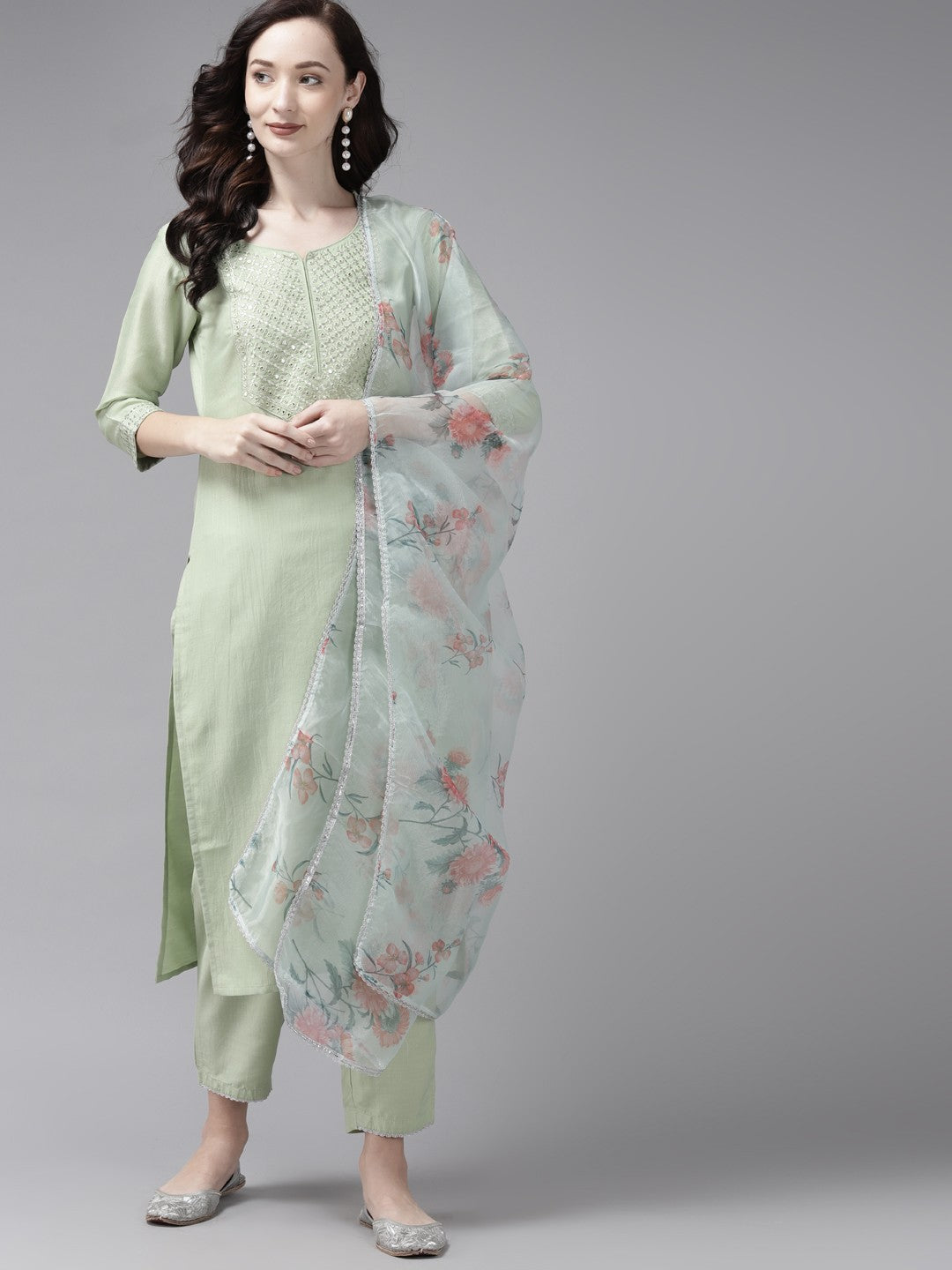 Women Sea Green Ethnic Motifs Yoke Design Regular Thread Work Kurta with Trousers & With Dupatta