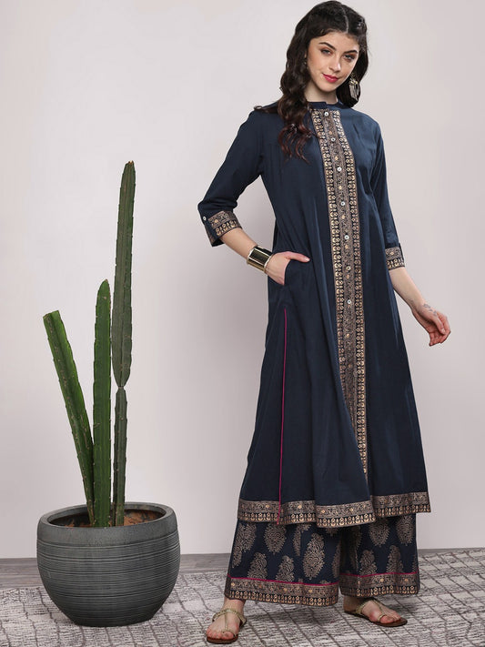 Women Navy Blue & Gold-Coloured Printed Kurta with Palazzos