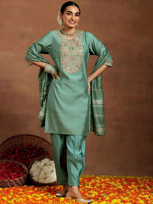 Ethnic Motifs Embroidered Thread Work Straight Kurta with Trousers & With Dupatta