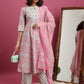 Women Pink Cotton Blend Kurta Palazzo Dupatta Set