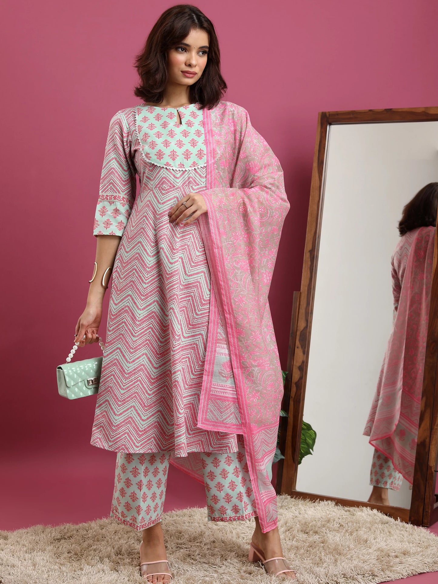 Women Pink Cotton Blend Kurta Palazzo Dupatta Set