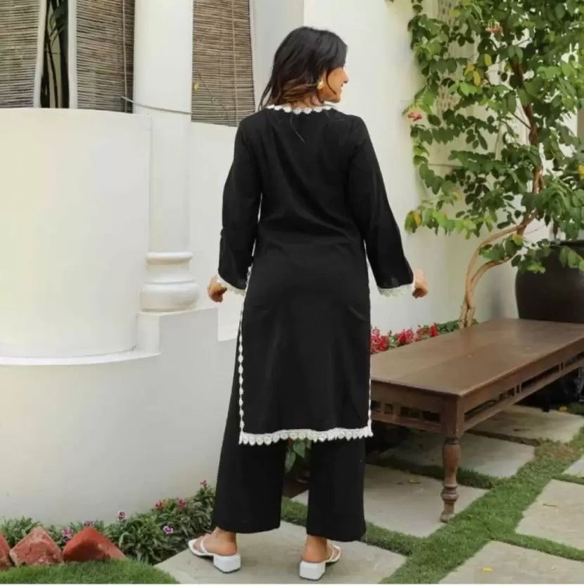 Women Black Viscose Rayon Kurta Pant Set