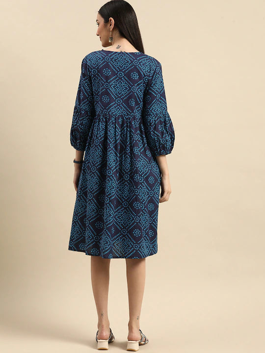 Blue Bandhani Print Ethnic A-Line Dress