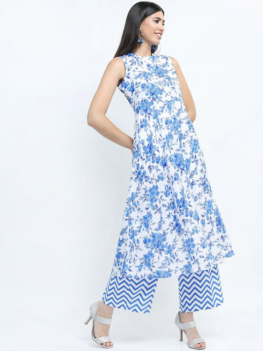 White & Blue Floral Printed Pure Cotton Straight Kurta with Palazzos