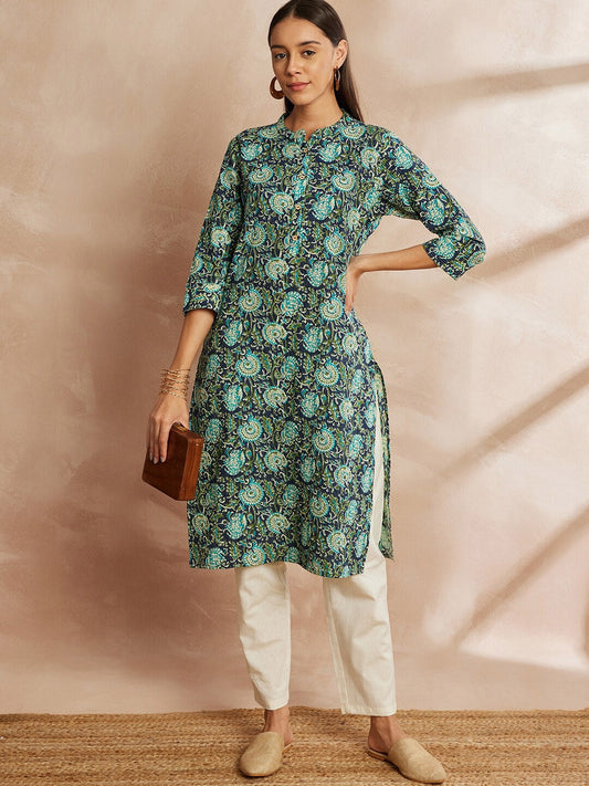 Ethnic Motif Printed Mandarin Collar Pure Cotton Straight Kurta with Trouser