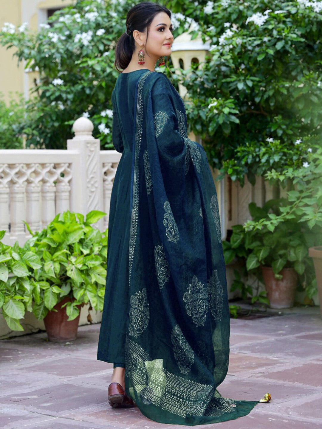 Empire Teal Anarkali Kurta With Trousers & Dupatta