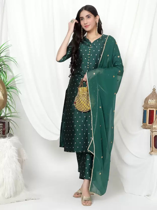 Women Green Silk Blend Kurta Pant Dupatta Set