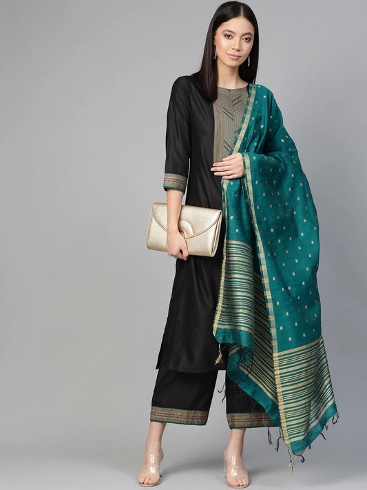 Women Black & Teal Blue Yoke Design Kurta with Palazzos & Dupatta