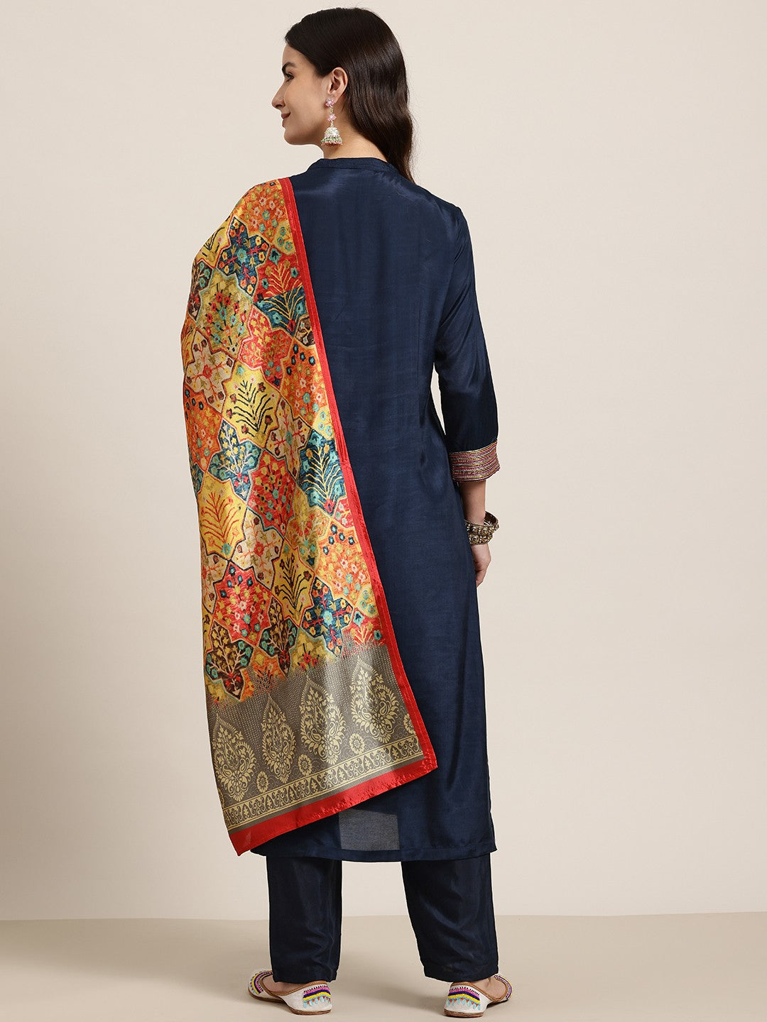 Floral Embroidered Kantha Work Kurta With Trousers & Dupatta