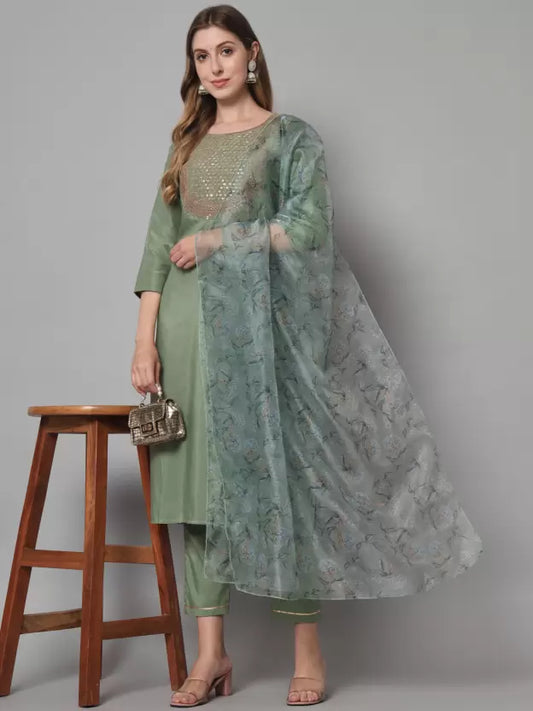 Women Pista Green Silk Blend Kurti Pant Set