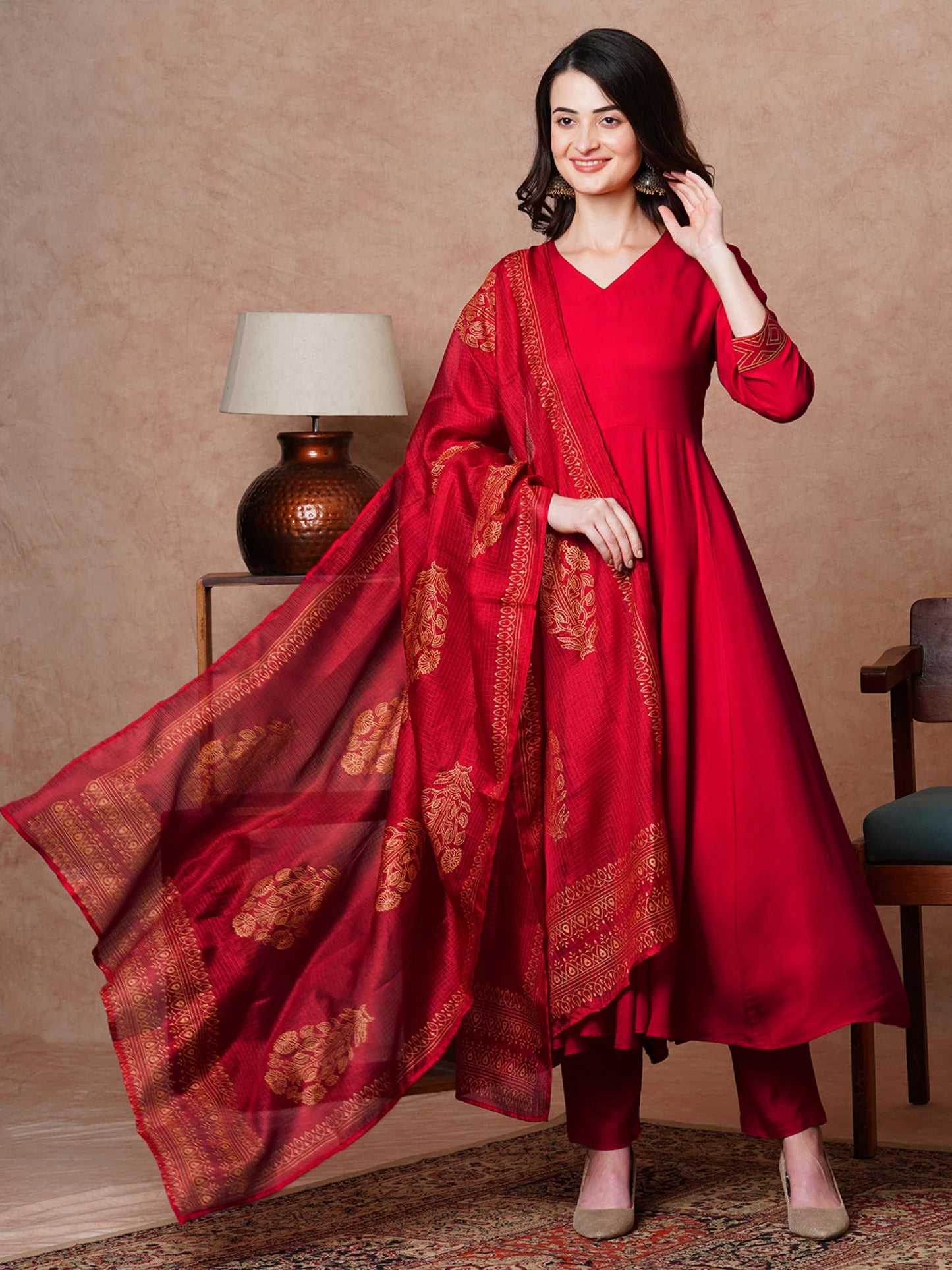 Women Red Cotton Rayon Kurti Pant Set