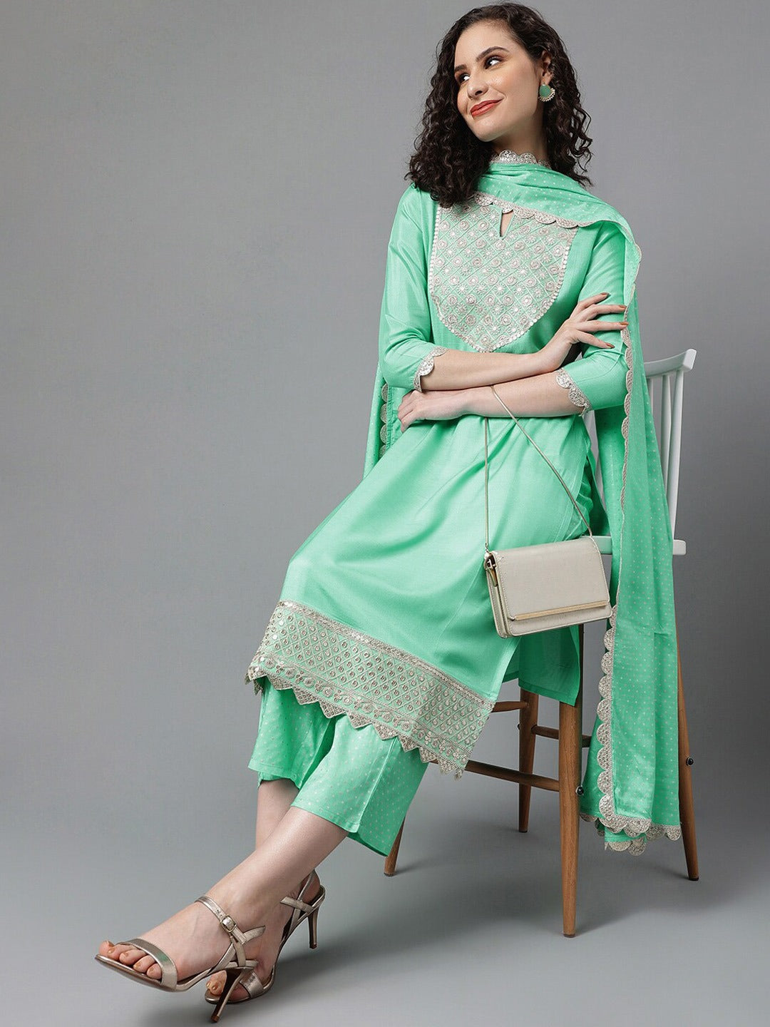 Ethnic Motifs Yoke Design Sequined Zari Kurta with Palazzos & Dupatta