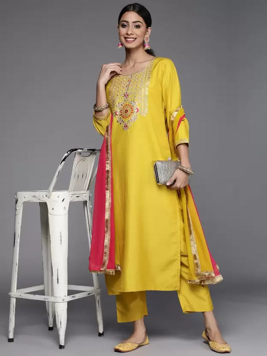 Women Yellow & Pink Embroidered Kurta and Pant Set Cotton Silk