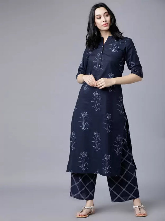 Women Blue Printed Kurta Palazzo set