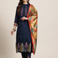 Floral Embroidered Kantha Work Kurta With Trousers & Dupatta