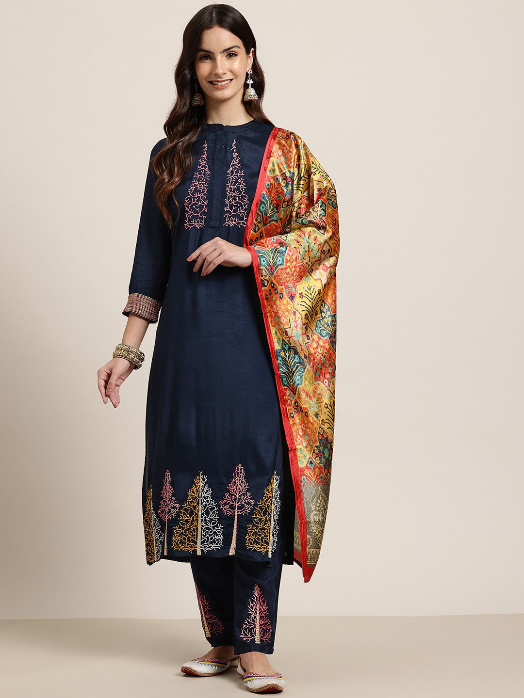 Floral Embroidered Kantha Work Kurta With Trousers & Dupatta