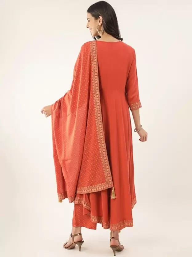 Women Orange Viscose Rayon Kurta Palazzo Dupatta Set