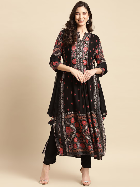 Floral Embroidered Mirror Work Straight Kurta with Trousers & Dupatta