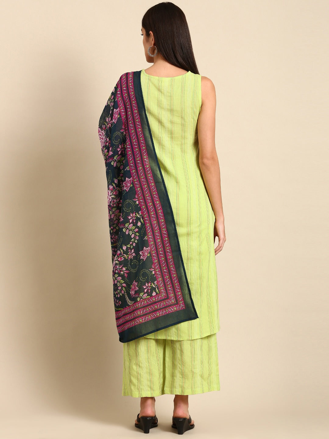 Women Striped Pure Cotton Kurta With Palazzos & Dupatta