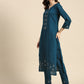 Women Teal Blue Embroidered Pure Cotton Kurta with Trousers & Dupatta