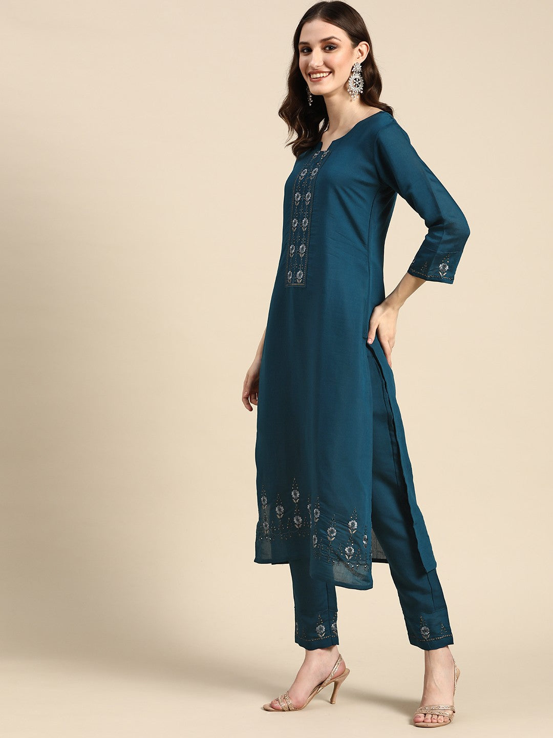 Women Teal Blue Embroidered Pure Cotton Kurta with Trousers & Dupatta