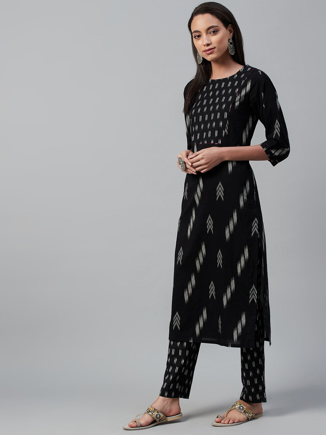 Women Black & White Pure Cotton Printed Kurta with Trousers & Dupatta