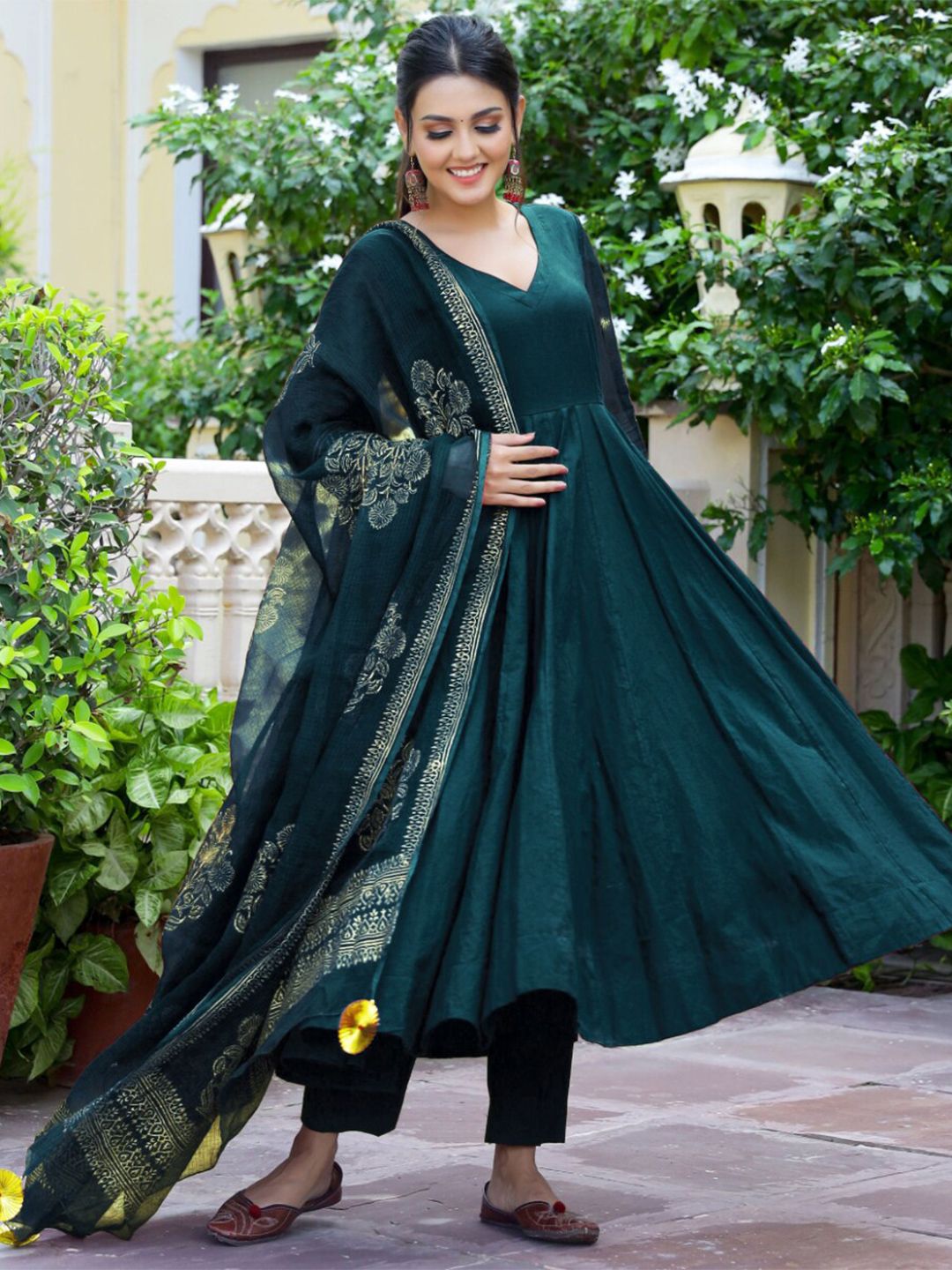 Empire Teal Anarkali Kurta With Trousers & Dupatta