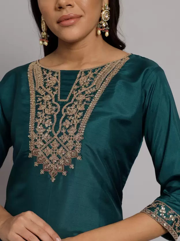 Women Teal Silk Blend Kurta Pant Dupatta Set