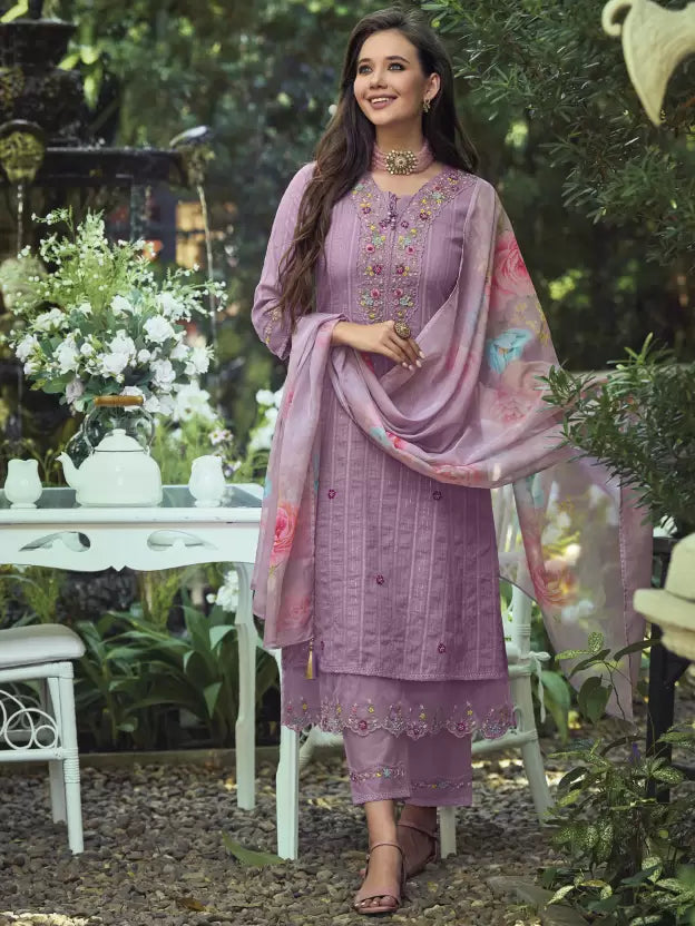 Lavender & Red Floral Embroidered Pure Cotton Kurta With Trousers & Dupatta