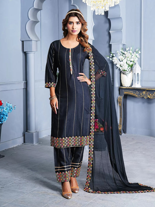 Women Black Embroidered Viscose Rayon Kurta Pant Dupatta Set