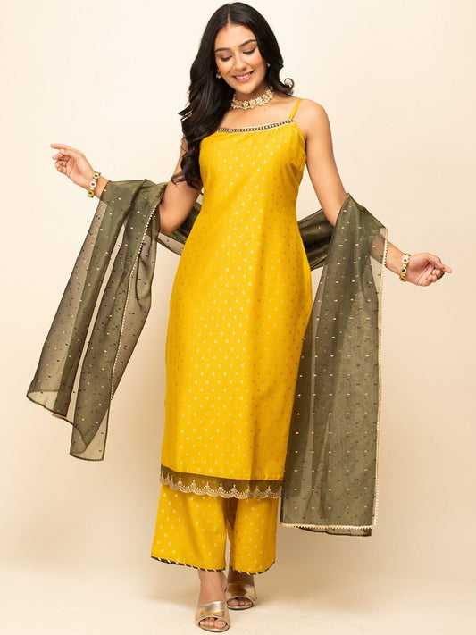 Ethnic Motifs Printed Shoulder Straps Zari Straight Kurta With Palazzos & Dupatta