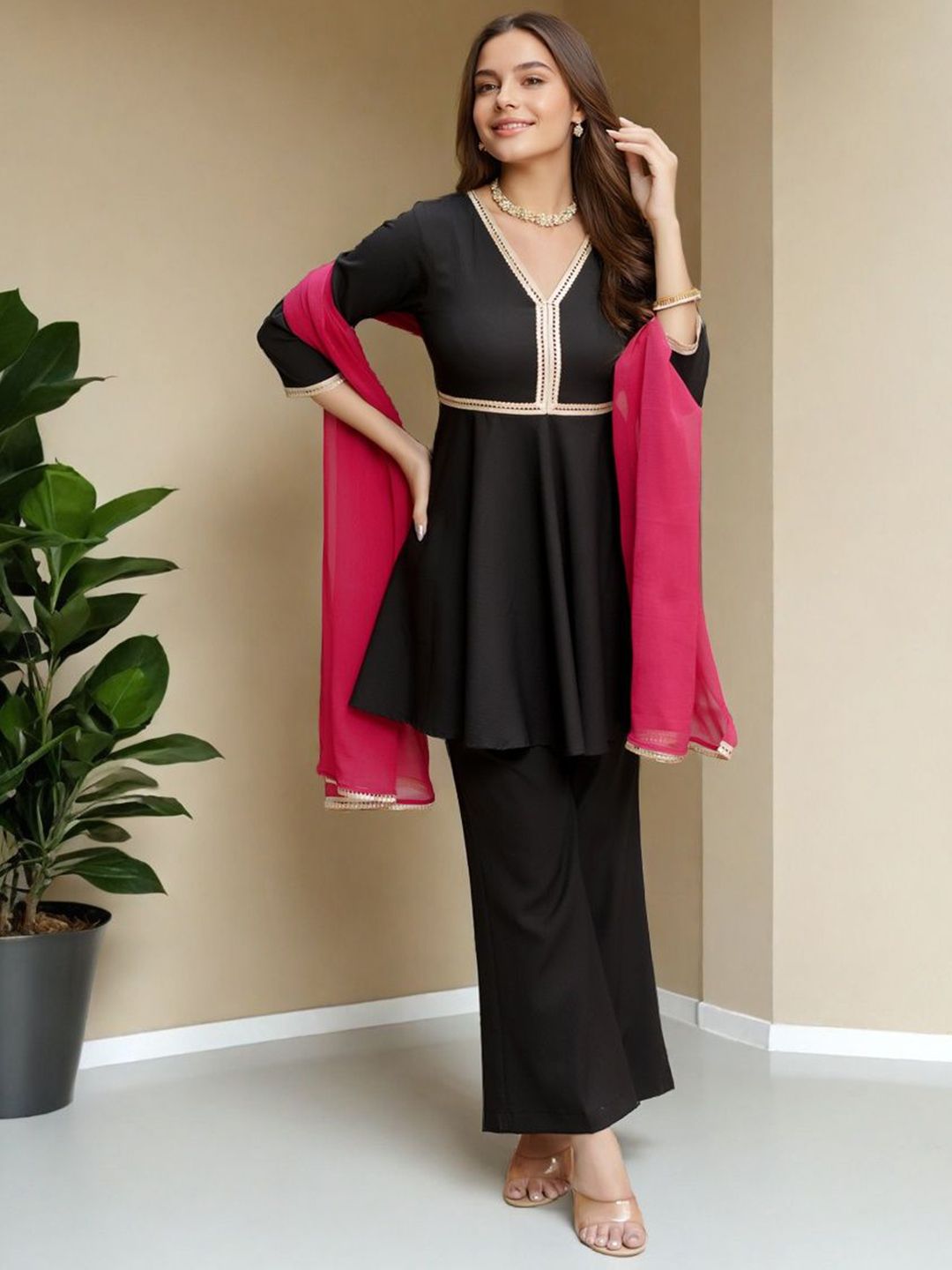 Women Gotta Patti Pure Silk Kurti with Palazzos & Dupatta