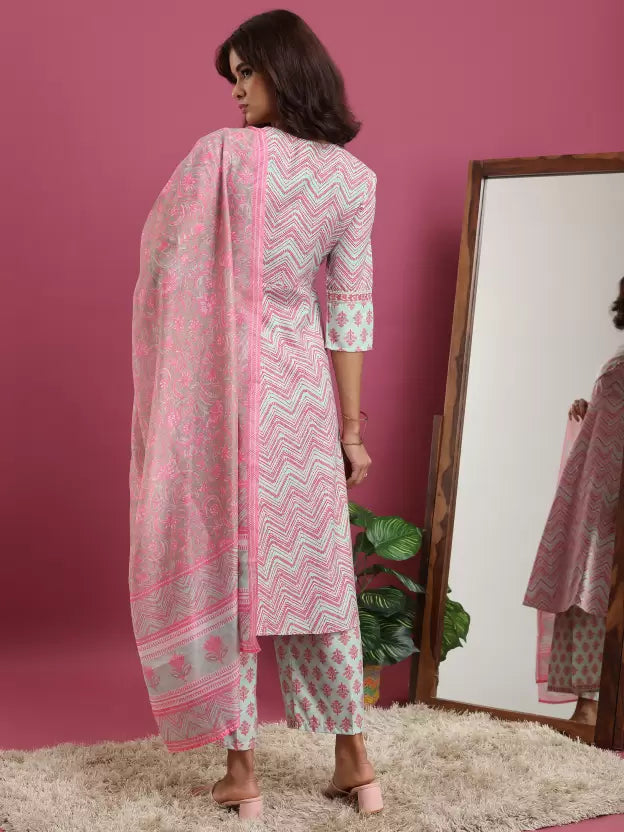 Women Pink Cotton Blend Kurta Palazzo Dupatta Set