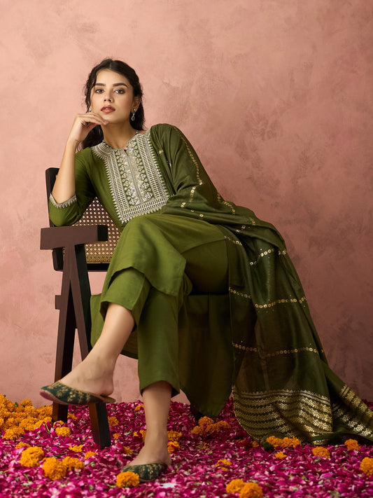 Ethnic Motifs Embroidered Regular Sequin Work Kurta With Trouser With Dupatta
