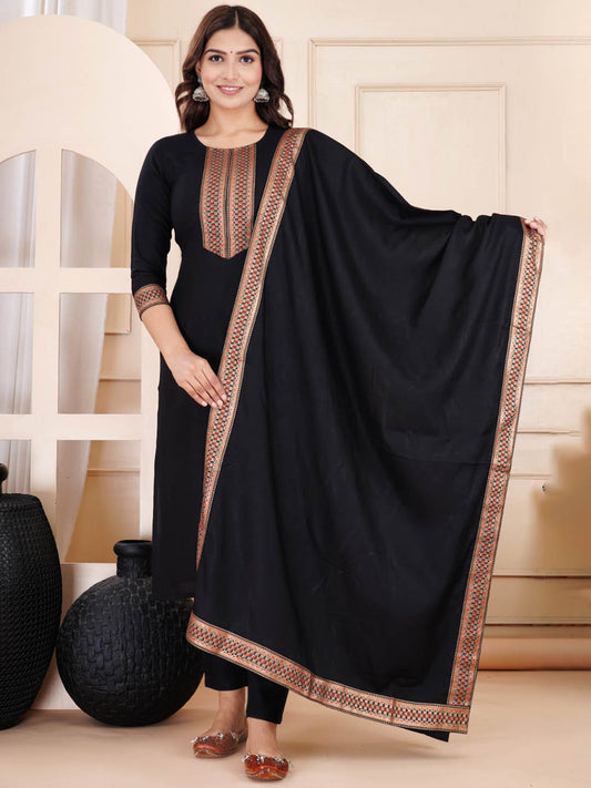 Black Ethnic Motifs Yoke Design Straight Kurta & Trousers With Dupatta