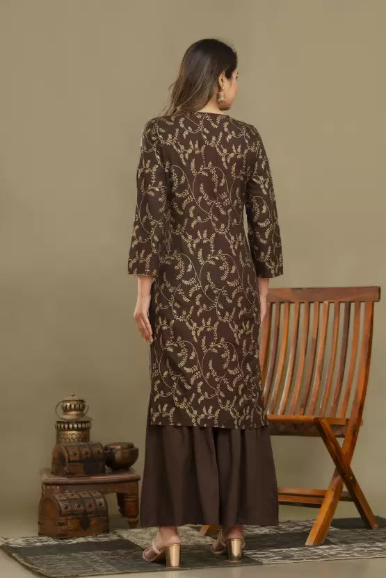 Women Brown Viscose Rayon Kurta Sharara Set