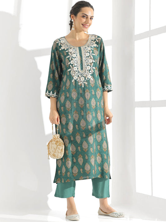 Green Ethnic Motifs Printed Thread Work Detailed Straight Kurta With Palazzo