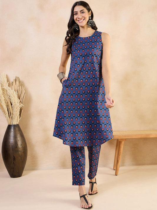 Ethnic Motifs Printed Round Neck Regular Pure Cotton A-line Kurta With Trousers
