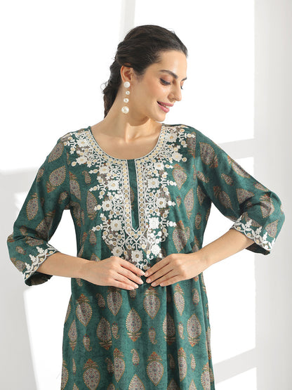 Green Ethnic Motifs Printed Thread Work Detailed Straight Kurta With Palazzo