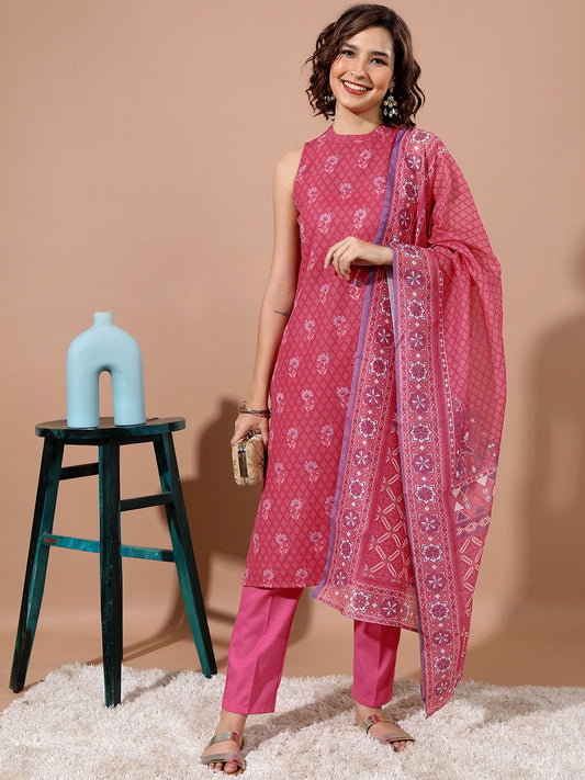 Floral Printed Straight Kurta & Trousers With Dupatta