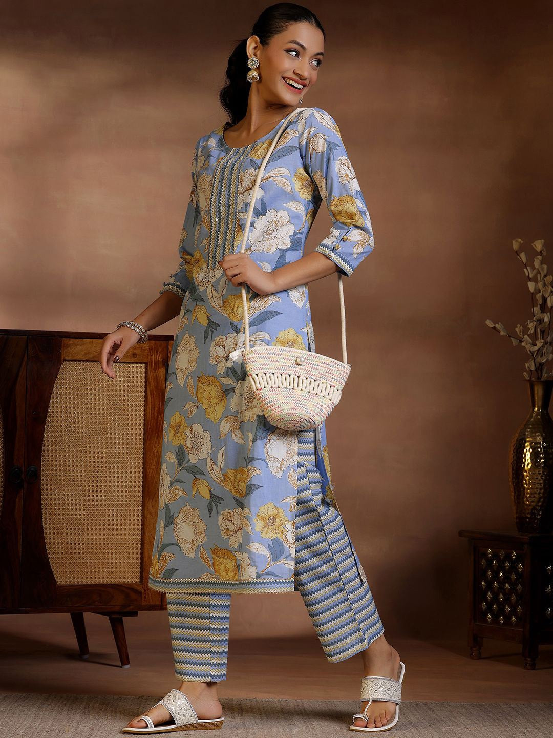 Floral Printed Gotta Patti Pure Cotton Straight Kurta With Trousers