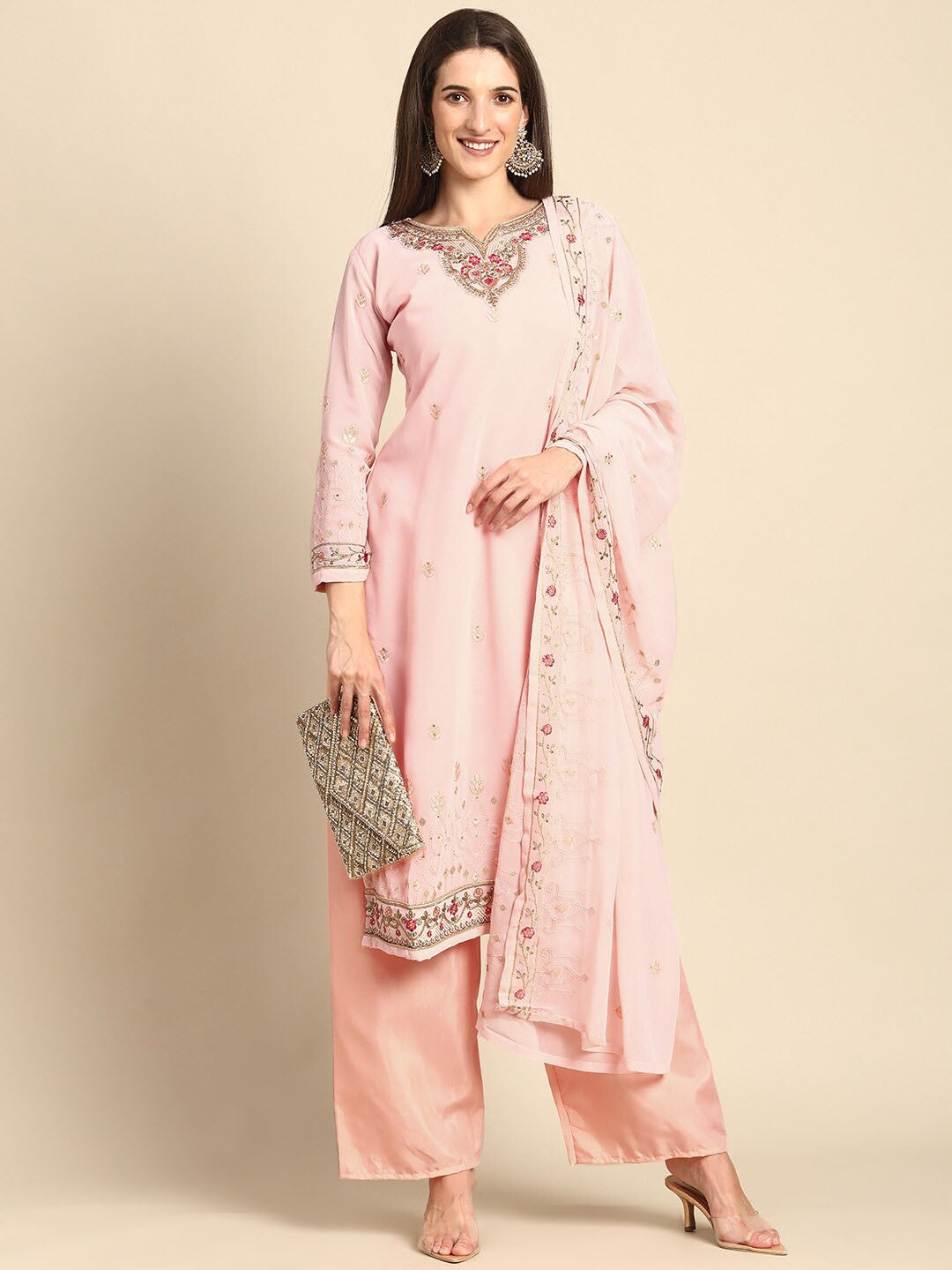 Floral Embroidered Pink Kurta with Trousers & Dupatta