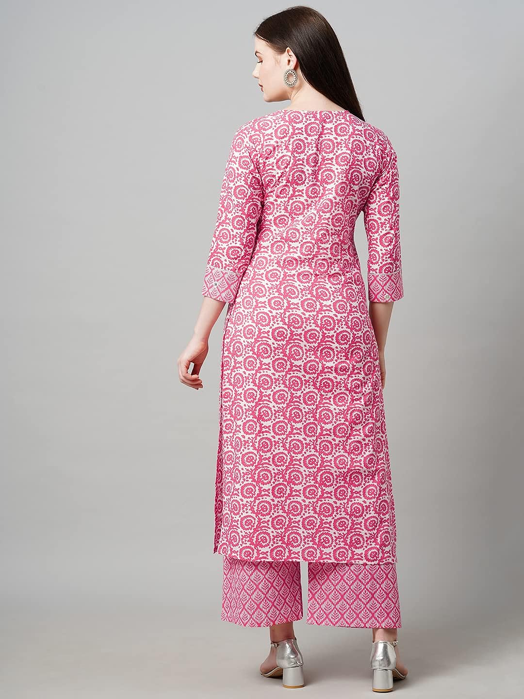 omen's Pink Cotton Blend Traditional Straight Printed Kurta and Palazzo Set