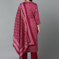 Burgundy & Off White Ethnic Printed Thread Work Kurta with Trousers & Dupatta