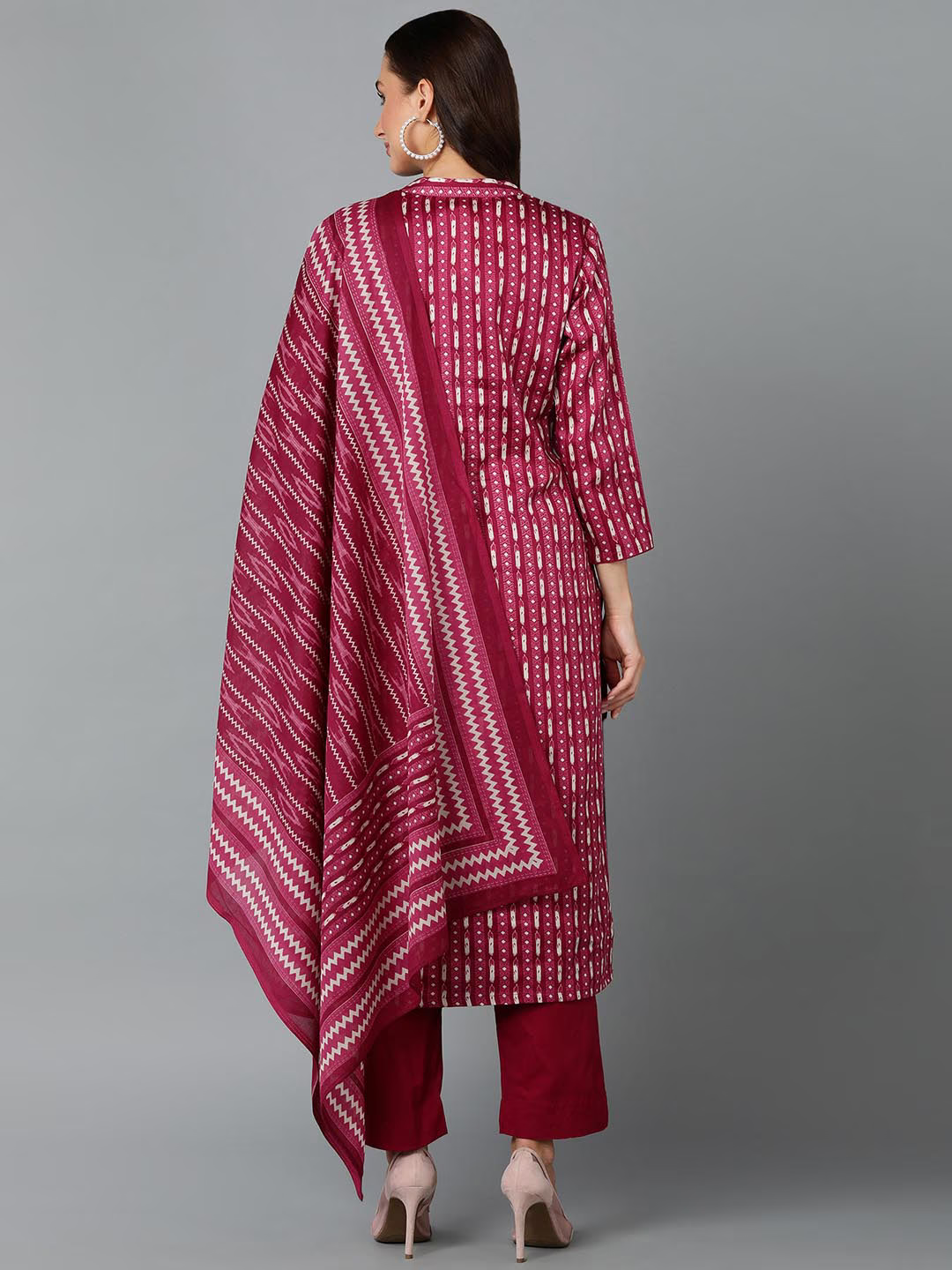 Burgundy & Off White Ethnic Printed Thread Work Kurta with Trousers & Dupatta