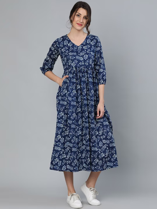 Blue Tropical Fit and Flare Cotton Dress